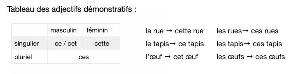 Tableau des adjectifs démonstratifs